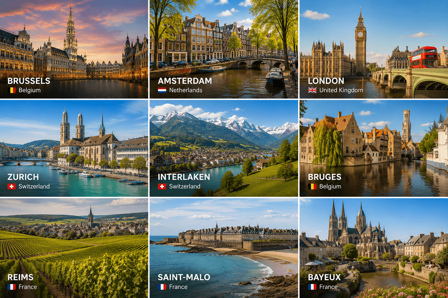 Collage of European chauffeur destinations available from Paris